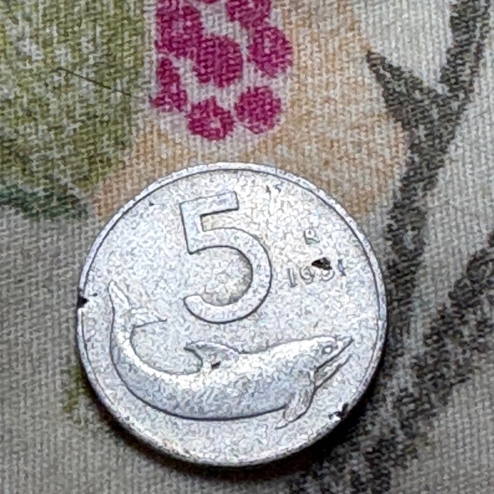 🇮🇹 1954 Italy 5 Lire — Republic of Italy — Aluminum — Dolphin and Rudder